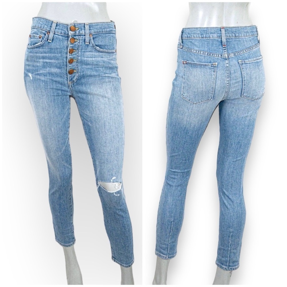 Alice + Olivia AO.LA Good highrise exposed button lightwash distressed jeans, 27